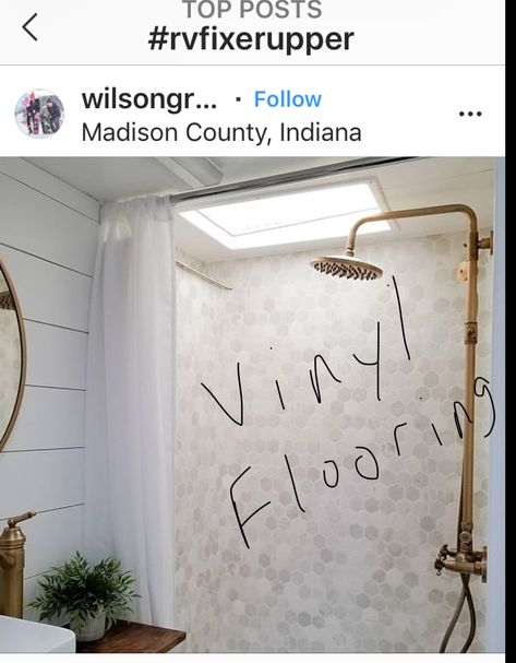 Vinyl Flooring on shower walls Vinyl Floor Shower Walls, Sheet Vinyl Shower Walls, Camper Shower Renovation, Rv Shower Wall Ideas, Linoleum Shower Walls, Rv Shower Renovation, Diy Camper Shower Remodel, Rv Shower Makeover, Travel Trailer Shower Remodel