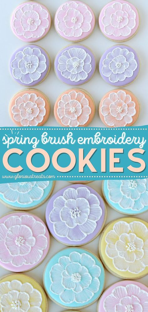 Spring Brush Embroidery Cookies, easy cookie recipes, easy to make sweet treats Easy Easter Sugar Cookie Decorating, Cookies With Flowers On Them, Royal Icing Brush Embroidery, Easter Egg Sugar Cookies Decorated Easy, Decorating Royal Icing Cookies, Easy Flower Cookies Royal Icing, Easy Royal Icing Flowers, Simple Cookie Design Royal Icing, Easy Flower Cookies Decorated