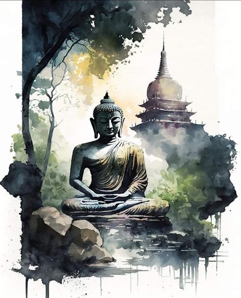 Krishna Drawing Watercolour, Buddha Painting Watercolor, Gautam Buddha Painting Canvases, Budha Painting On Canvas, Watercolour Buddha, Buddha Canvas Art, Watercolor Scenery, Buddha Canvas, Buddha Art Drawing