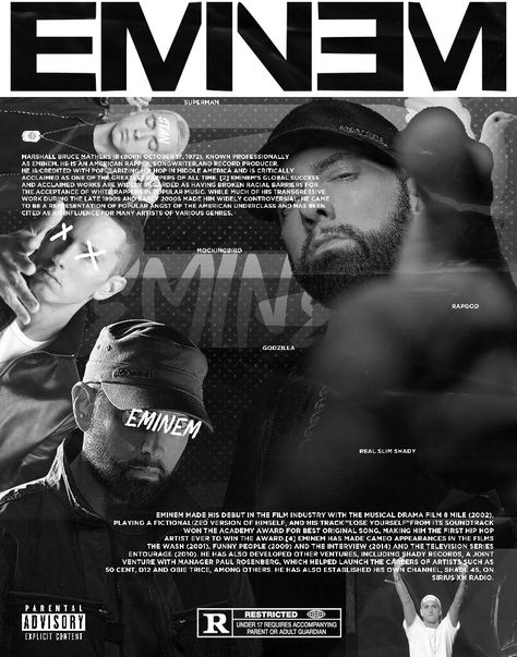 Eminem
Poster Design Eminem Posters Vintage, Eminem New Album 2024, Eminem Graphic Design, Eminem Album Poster, Eminem Designs, Rappers Posters, Artist Poster Design, Eminem Tshirt, Poster Eminem