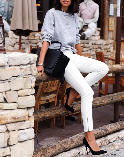 How to Dress Up a Sweatshirt - PureWow White Sweatshirt Outfit, Black Sweatshirt Outfit, Casual Heels Outfit, Jeans Heels Outfit, Celine Trapeze, Viva Luxury, Styling Tricks, Outfits Dressy, Jeans With Heels