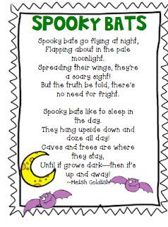 The Very Busy Classroom: Spooky Bats Poem Bat Poems, Halloween Poems For Kids, October Poem, Halloween Rhymes, Halloween Craft Activities, Halloween Poems, Circle Time Songs, October Ideas, October Activities