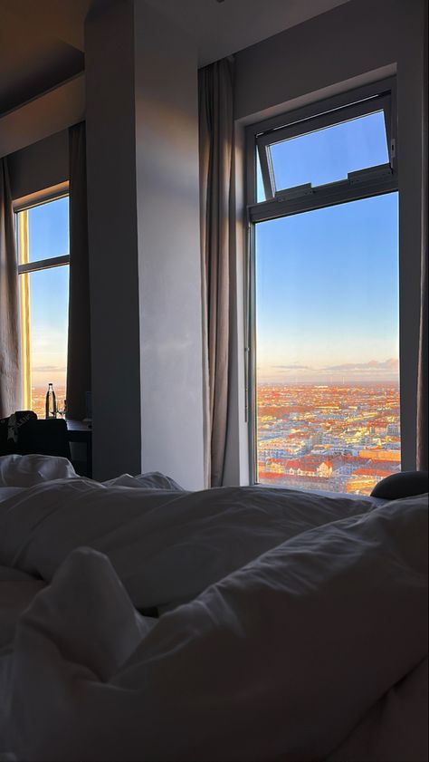 #Berlin #Hotel #travel #panorama #sunrise #bed Berlin Hotel, Vacation Vibes, Rap Aesthetic, Aesthetic Pics, Hotels Room, Penthouse, Otaku Anime, Prague, Random Things