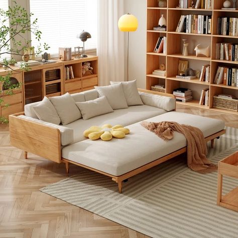 Hokku Designs Winfriede 82.7'' Sofa Bed | Wayfair Japanese Minimalist Living Room, Japandi Sofa, Small Living Ideas, Trundle Daybed, Japanese Sofa, Guest Bedroom Home Office, Bed With Wardrobe, Cozy Studio Apartment, Sofa Wood Frame