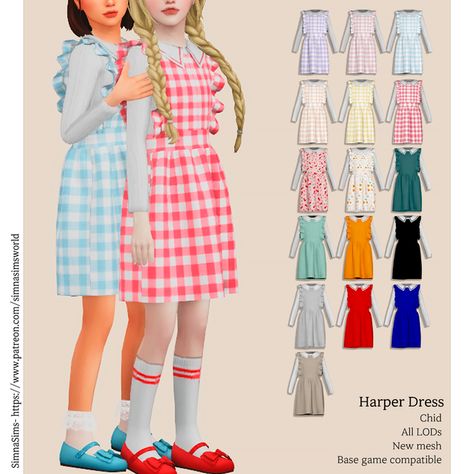 Harper Child Dress | Patreon Modest Kids Clothes, Sims World, Sims 4 Cottage, Sims 4 Cc Kids Clothing, Child Dress, Sims 4 Children, Sims Four, Sims 4 Cc Packs, Sims 4 Cc Furniture