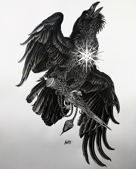 Indian Ink Art, Alexander Grim, Black Ink Tattoo, Crow Tattoo Design, Woodcut Tattoo, Black Bird Tattoo, Crow Tattoo, Raven Tattoo, Crow Art