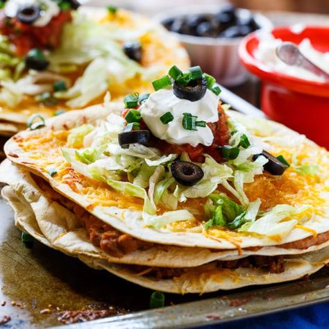 Stacked Tortilla Taco Pizzas - Spicy Southern Kitchen Taco Stacks, Tortilla Taco, Sweet Taco, Spicy Southern Kitchen, Taco Pie, Tortilla Pizza, Mexican Pizza, Taco Pizza, Southern Kitchen