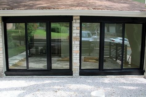 Triple Sliding Glass Doors Complete Garage Makeover | Pella of Austin Triple Sliding Patio Doors, Garage With Sliding Glass Doors, Garage Door Alternatives, Sliding Glass Door Makeover, Pella Doors, Cabin Basement, Exterior Patio Doors, Double Garage Door, Glass Garage