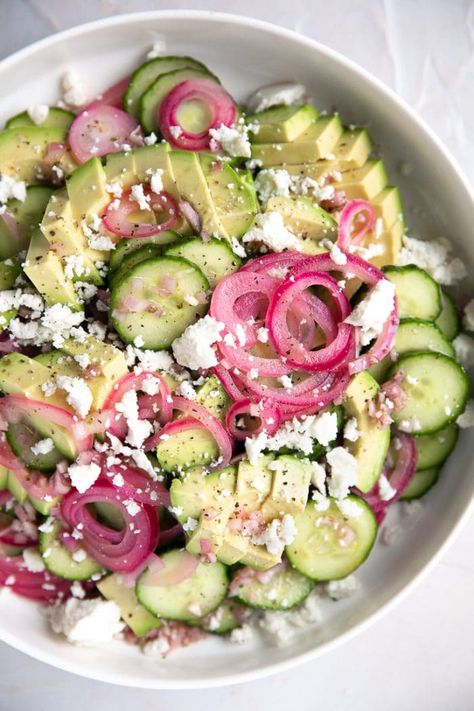 Large white salad plate filled with sliced cucumbers, avocado, and pickled onions covered in crumbled casero cheese and homemade vinaigrette. Healthy Cucumber Salad, Vinegar Salad, Easy Cucumber Salad, Grilled Turkey Burgers, Quick Pickled Red Onions, Pickled Onion, Onion Salad, Cucumber Recipes Salad, Salad In A Jar