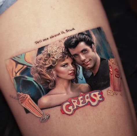 “Tell me about it Stud” Grease movie tribute tattoo by Inal Bersekov, a traveling artist. Tell Me About It Stud, Grease Movie, Tattoo Uk, Tribute Tattoos, Tattoo Cream, Movie Tattoo, Movie Tattoos, Healing Tattoo, Tattoo Aftercare