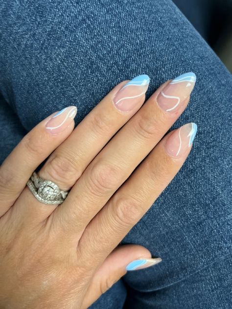 Blue Line Acrylic Nails, Blue White Almond Nails, Nails To Get With A White Dress, Turquoise And White Nails Designs, White And Light Blue Nail Designs, Light Blue Accent Nails, Blue Nails For Wedding Guest, Summer Prom Nails, Blue Accent Nail Ideas