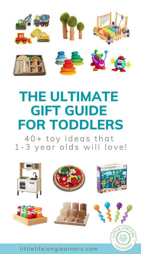 The ultimate gift guide for toddlers by Little Lifelong Learners. Check out this list of our favorite toddler toys, books, and resources! Our toddler play directory features 48 toy and gift ideas your toddler will love and includes a variety of puzzles, blocks, Grimm's toys, Montessori toys, and open-ended toys to inspire imaginative play and play-based learning. Take a look at our top picks for toys for 1 year olds, 2 year olds, and 3 year olds! Open Ended Toys For Two Year Olds, 2 Year Montessori Toys, Toys For Two Year Olds, Open Ended Toys For Toddlers, Toddler Learning Toys, Grimms Toys, Toddler Gift, Toys For Toddlers, Toddler Gift Guide