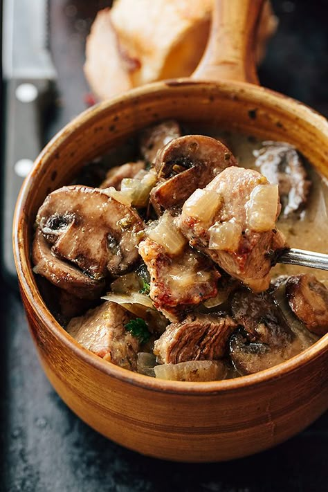 Steak and ale soup with mushrooms is savory comfort in a bowl, filled with tender ribeye steak and kissed with a hint of ale! | thecozyapron.com #steakandalesoup #steakandalesoupwithmushrooms Steak And Mushroom Soup, Steak And Ale Soup, Antipasto Board, Soup With Mushrooms, Steak And Ale, Kitchen Favorites, Soup And Stew, Cuisine Recipes, Plan Ideas