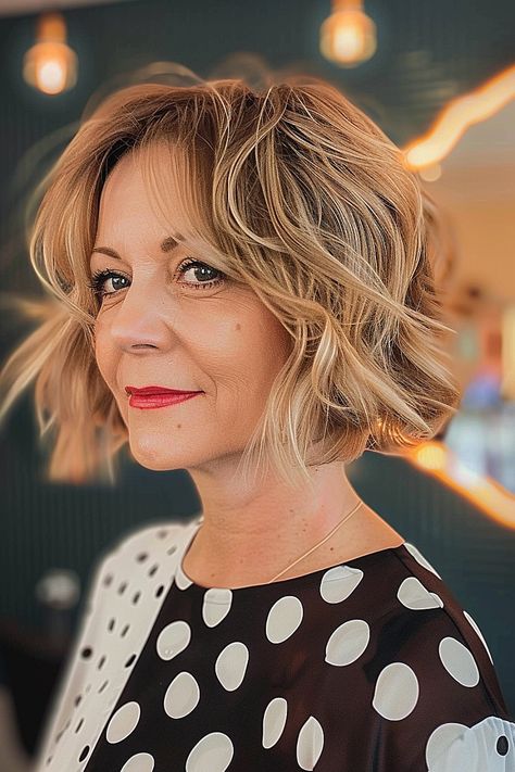 Youthful Bob Haircuts for Women Over 50 Wavy Bob Middle Part, Trendy Bob Haircuts, Shaggy Bob Haircut, Trendy Bob, Short Haircuts With Bangs, Short Wavy Bob, Short Shag Haircuts, Blonde Tips, Haircuts For Women Over 50