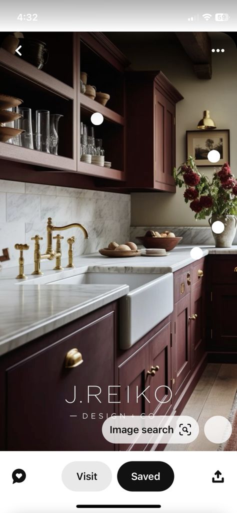 Red Rustic Kitchen, Oxblood Kitchen Cabinets, Wine Colored Cabinets, Dark Red Cabinets, Burgundy Kitchen Island, Burgundy Cabinets Kitchen, Maroon Kitchen Cabinets, Maroon Kitchen, Burgundy Kitchen Cabinets