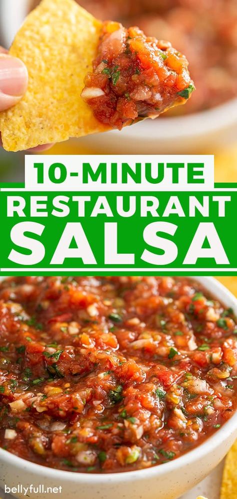 This quick and easy Restaurant Style Salsa takes just minutes to make using a mix of fresh veggies and canned goods, all in your blender. It's packed with fresh flavors and tastes like that smooth salsa from your favorite Mexican restaurant! Easy Restaurant Style Salsa, Quick Easy Salsa Recipes, Mild Restaurant Style Salsa, Salsa Recipe Medium, Homemade Salsa Restaurant Style, Restraunt Style Salsa Recipe, Easy Restaurant Style Blender Salsa, Salsa In Food Processor, Salsa Recipe Restaurant Style