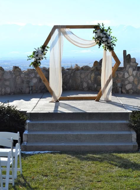 the vineyards, wedding, arch Eculyptus Wedding Arch, Simple Arch Decor, Wood Arch Decor, Octagon Arch Decoration Wedding, Octagon Altar Wedding, Hexagon Altar Wedding, Custom Wedding Arch, Hexagon Wedding Arch Decoration Ideas, Wedding Arch Lighting