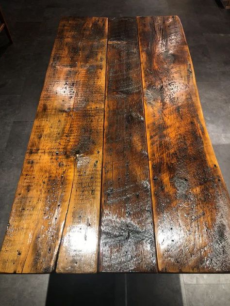 Rough Cut Reclaimed Wood Table with Steel Legs Reclaimed Barn Wood Countertops, Wooden Table Top Ideas, Tavern Ideas, Table Saw Table, Desk Build, Reclaimed Wood Tables, Reclaimed Wood Table Top, Old Wooden Table, Old Wood Table