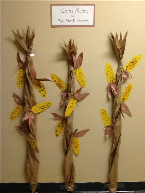 Preschool corn maize art project. Students used fingertips in ink pads for kernels. We did to have them cut out the cobs this time. Stalks is craft paper scrunched and rolled somewhat. Used black ink to rub against the edges to add a rustic touch. Paper Corn Stalks, Preschool Spring Crafts, Spring Crafts For Preschoolers, Preschool Harvest, Spring Art For Kids, Spring Crafts Preschool, Corn Maize, Preschool Spring, November Crafts