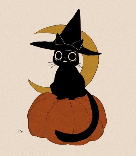 Cute Halloween Art, Witch Cats, Spooky Kitty, Cat Pumpkin Carving, Halloween Color Palette, Black Cat Drawing, Black Cat Illustration, Helloween Wallpaper, Witch Drawing