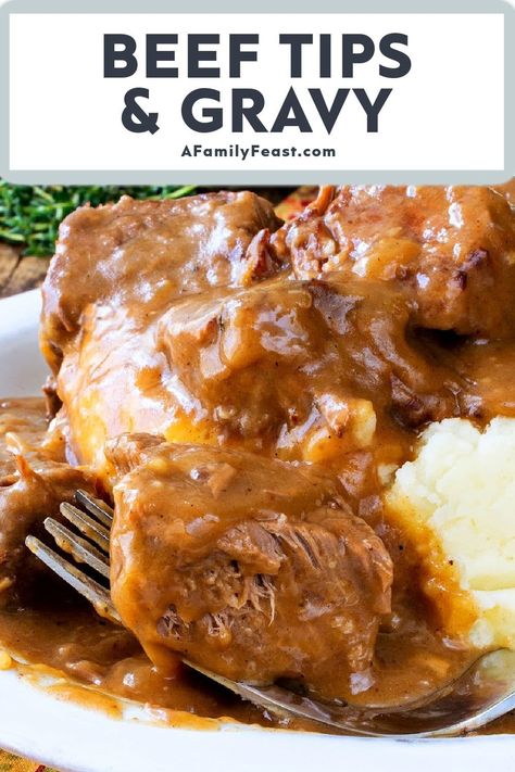 Beef Tips and Gravy - A Family Feast Gravy Master, Beef Tips And Rice, Drink Presentation, Comfy Room, Mini Meatloaf, Gravy Packet, Diner Food, Over Mashed Potatoes, Beef Tips And Gravy