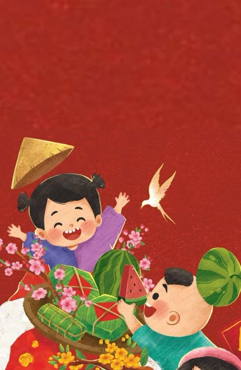 Tet Holiday Art, Tet Holiday Illustration, Tet Holiday, New Year Art, Lunar Year, Happy Lunar New Year, New Year Card, New Years Decorations, Holiday Illustrations