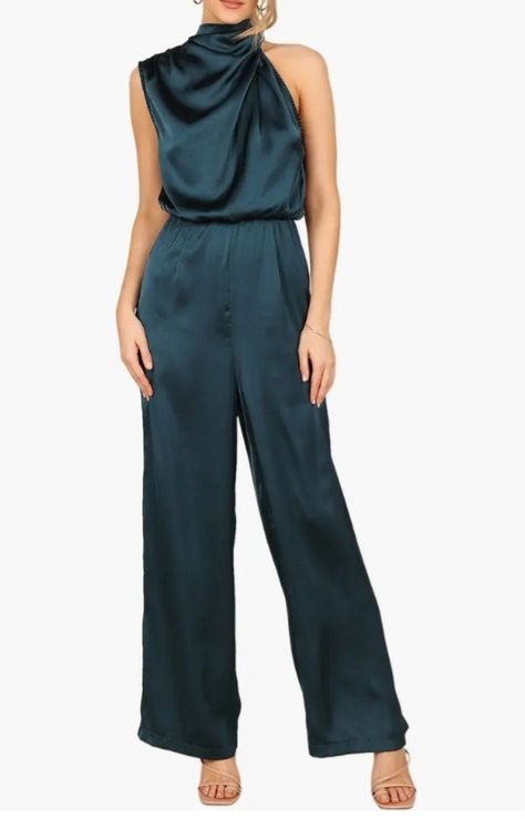 Discover the ultimate elegance with our Savannah One-Shoulder Satin Jumpsuit in stunning teal. Perfect for any occasion, this chic jumpsuit features a flattering silhouette and luxurious satin fabric that drapes beautifully. Elevate your wardrobe and make a statement at your next event with this must-have piece! Ideal for parties, weddings, or nights out. Shop now for timeless style! Officiant Attire, Jumpsuits For Women Formal, Semi Formal Wedding Attire, Cocktail Jumpsuit, Bridesmaids Jumpsuits, Formal Wedding Attire, Jumpsuit For Wedding Guest, Rehearsal Dinner Outfits, Coverall Jumpsuit