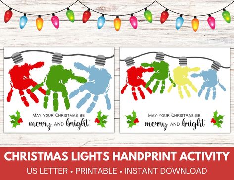 Christmas Light Crafts For Toddlers, Christmas Lights Kids Craft, Christmas Light Handprint, Merry And Bright Handprint Craft, Christmas Light Art For Kids, Handprint Art Christmas, Kindergarten Christmas Crafts, Easy Kids Christmas, Kids Christmas Crafts Easy