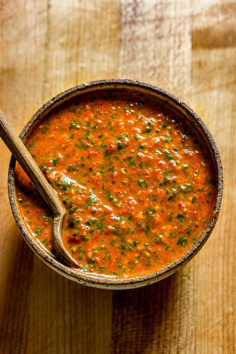 Spicy Chimichurri Sauce, Greek Red Sauce, Red Sauce Recipes, Red Chimichurri Sauce, Red Wine Recipes, Red Chimichurri, Argentinian Chimichurri, Mediterranean Sauce, Green Herbs