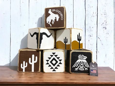 Southwestern Ranch Wood Tissue Box Cover, Western Cowboy Decor, Cactus Rodeo - Etsy Southwestern Ranch, Cowgirl Decor, Wood Block Crafts, Cowboy Decorations, Ranch Decor, Southwest Decor, Western Homes, Craft Booth, Saguaro Cactus