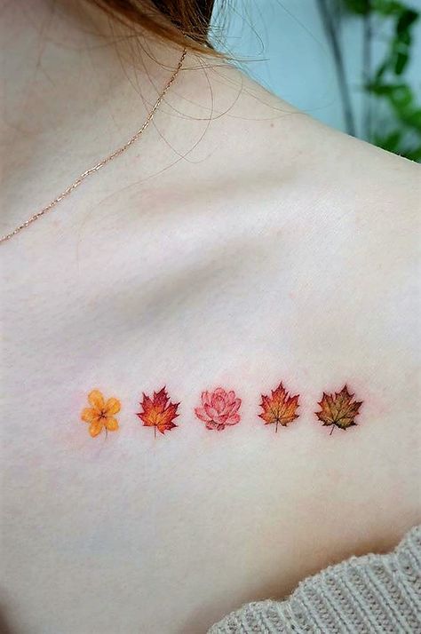 Simple Life Tattoo, Autumn Themed Tattoos, Stick Season Tattoo, Colorful Minimalist Tattoo, Tiny Colorful Tattoos, Small Colorful Tattoos For Women, Season Tattoo Ideas, 4 Seasons Tattoo, Tv Show Tattoos