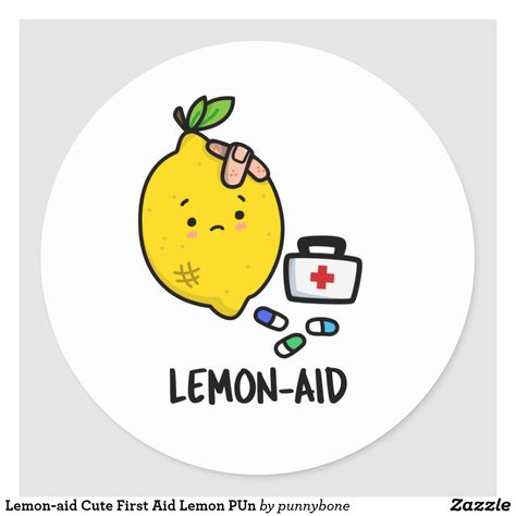 Lemon-aid Cute First Aid Lemon PUn Classic Round Sticker Lemon Stand, Lemon Classroom, Lemon Puns, Veggie Puns, Lemon Aid, Art Puns, Fruit Puns, Doctors Office, Cute Puns