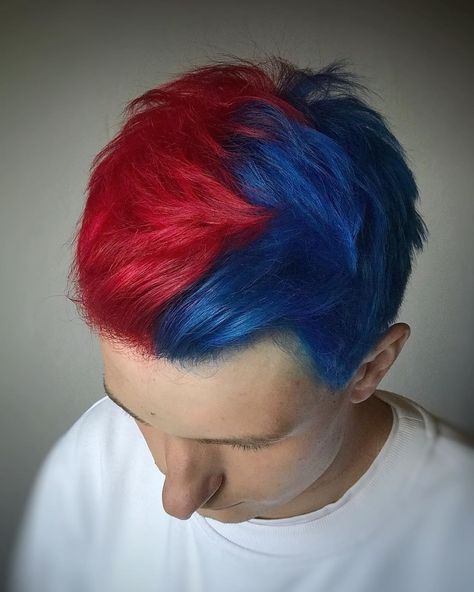 Blue Red Hair Color, Blue And Red Hair Color, Blue Based Red Hair Color, Primary Color Hair, Split Dyed Hair Boy, Red And Blue Hair Split, Red Highlights Hair, Red And Blue Hair, Hair Color Ideas For Men