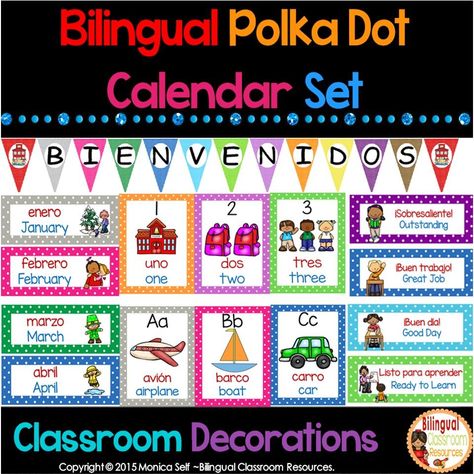 If you love polka dots and bright colors, then this set is for you! This Calendar is a great addition for the bilingual or dual language classroom. English words are in blue and Spanish words are in red.#bilingualclassroomdecor#bilingualclassroomdecorduallanguage#calendarioparaniñosdepreescolarparaimprimir#spanishclassroomdecorideas#duallanguageclassroomsetup#printableclassroom https://www.bilingualclassroomresources.com/2020/09/back-to-school-must-haves-for-bilingual.html Dual Language Classroom Decor, Language Classroom Decor, Bilingual Classroom Decor, Alphabet Wall Cards, Bilingual Kindergarten, Bilingual Activities, School Must Haves, Dual Language Classroom, Bilingual Classroom