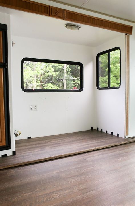 Planning to replace the flooring in your RV or camper? After some trial and error we are sharing some tips to replace the flooring Inside a RV slide out   MountainModernLife.com Rv Flooring, Camper Flooring, Camper Repair, Camper Interior Design, Camper Trailer Remodel, Rv Renovation, Rv Repair, Diy Camper Remodel, Rv Maintenance