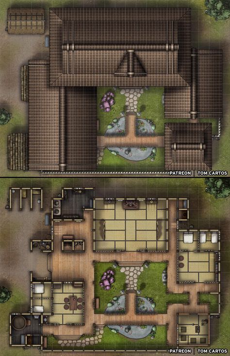 Iido Samurai House Dnd Feudal Japan, Japanese House Dnd Map, Japanese House With Courtyard, Old Japanese House Exterior, Japanese Houses Drawings, Hanok Floorplan, Rural Japanese House, Dnd Japanese Map, Japanese Battlemap