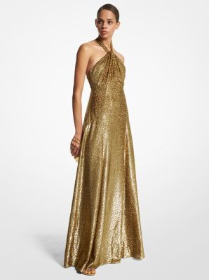 Gold Sequin Halter Dress, Glamorous Metallic Floor-length Evening Dress, Gold Shimmer Floor-length Dress, Glamorous Gold V-neck Maxi Dress, Glamorous Metallic V-neck Maxi Dress, Gown Gold, Gold Gown, Halter Gown, Designer Evening Gowns