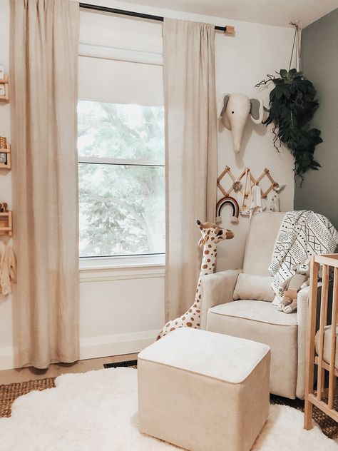 Layer Window Treatments, Nursery Curtains Neutral, Hygge Nursery, Boho Nursery Inspiration, Nursery Blinds, Layered Window Treatments, Tan Curtains, Cream Nursery, Nursery Window Treatments