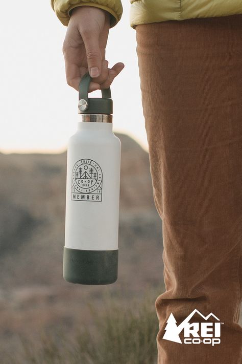 Toast outdoor partnerships with the Hydro Flask Member Exclusive REI Co-op Standard-Mouth Water Bottle with Flex Cap and Boot. This unique bottle is only available to REI Co-op members for a limited time. Water Bottle Product Photography, Bottle Shoot, Motorcycle Camping Gear, Hydro Flask Water Bottle, Gifts For Guys, Motorcycle Camping, Trendy Gifts, Hydro Flask, Camping Tips