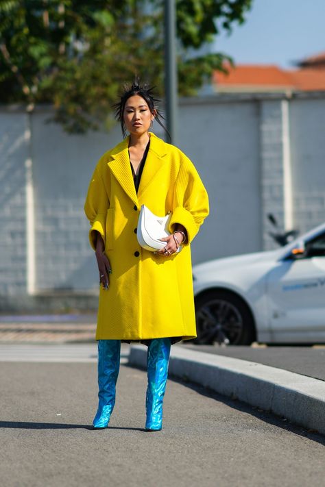 Bright and Metallic Boots Are the Best Fashion Trend of Fall 2021 | InStyle Green Metallic Boots Outfit, Colored Boots Outfit, Gold Boots Outfit, Metallic Boots Outfit, Colorblock Outfits, Heel Outfits, Colorful Boots, Kitten Heels Outfit, Leather Boots Outfit