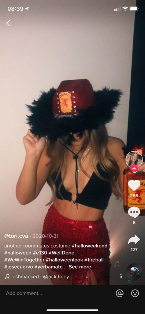 Alcohol Related Halloween Costumes, Fireball Cowgirl Costume, Halloween Costumes Liquor Bottles, Fireball Halloween Costume Cowboy Hat, Fireball Hat Costume, Fireball Hat Diy, Fireball Outfit Ideas, Diy College Costumes Halloween, Liquor Halloween Costumes Cowboy Hats