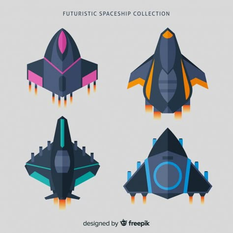 Colorful spaceship collection with flat design Free Vector Cool Spaceship Designs, Top Down Spaceship, Space Ships Design, Cartoon Spaceship, Spaceship Illustration, Adobe Illustrator Art, Space Doodles, Ship Vector, Ship Concept Art