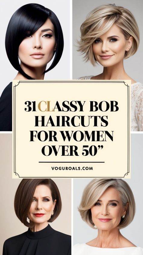 Discover the elegance of age-defying style with our collection of 31 classy bob haircuts for women over 50. From chic asymmetrical cuts to stylish textured bobs, these looks are perfect for showcasing your vibrant personality while enhancing your natural beauty. Embrace a fresh, modern vibe that complements your lifestyle. Get inspired to reinvent your look today! #BobHaircut #WomenOver50 #HairstyleInspo #AgelessBeauty Classic Bob Hairstyles Classy, Hairstyles For Corporate Women, Medium Bob With Bangs Over 50, Long Bob Over 50, Short Bob Haircuts For Women Over 50, Bob Hairstyles For Women Over 50, Classy Bob Hairstyles, Chin Length Haircuts For Thick Hair, Old Money Bob Haircut