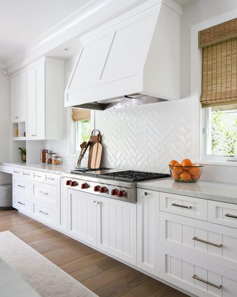 herringbone backsplash & v-groove shaker cabinets bring just the right amount of texture to this fresh space — another testament to the all white kitchen.  design + build: @graystonecustombuilders zhoosh: @blackbanddesign photo: @ryangarvin White Herringbone Wall, Herringbone Wall Tile, Hood Vents, Herringbone Tile Backsplash, Herringbone Kitchen, Herringbone Wall, Style Me Pretty Living, Herringbone Backsplash, House Of Turquoise