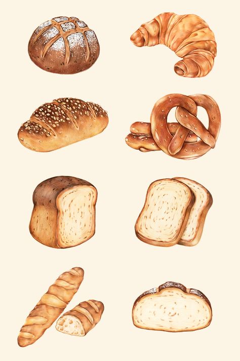 Food Stickers Drawing, Bread Illustration Design, How To Draw Food, Drawing Of Food, Drawing Bread, Drawings Of Food, Food Drawing Ideas, Cute Food Illustration, Bread Drawing