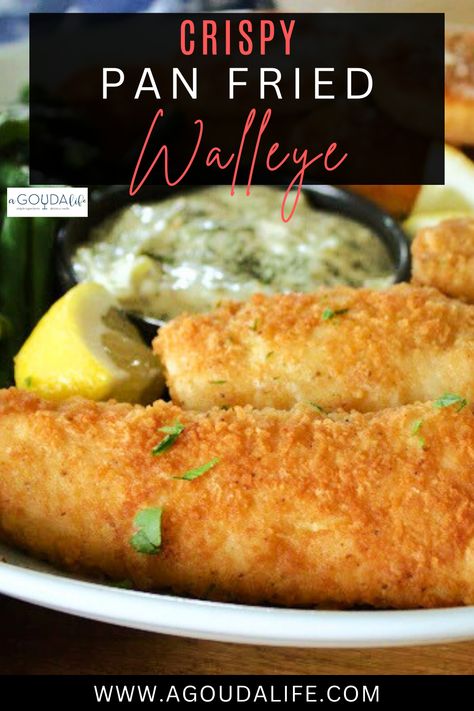 Delicious, quick and easy pan fried Walleye. Lightly panko breaded, flaky mild white fish. Serve with lemon wedges and tartar sauce. Simple, healthy weeknight meal - ready to eat in about 20 minutes! #walleye #friedwalleye #friedfish #panfriedwalleye #panfriedfish #whitefishrecipe #walleyerecipe #weeknightmeal #healthyweeknightmeal #agoudalife Walleye Recipes Cast Iron, Pan Frying Fish, Pan Fried Pickerel Recipes, Healthy Fried Fish, Pan Fried Walleye Fish Recipes, Pickerel Fish Recipes, Fish Breading Recipe Fried, Frying Fish, Crispy Pan Fried Fish Recipes