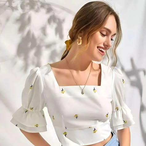 The elegance of a woman in a white shirt 😍 Effortlessly chic and always on point #stylegoals #classy #trending #style #looks Funky Shirt Outfit Women, Hakoba Tops Casual, T Shirt Crop Top Outfit, New Crop Top Designs, Trendy Tops For Women Classy, Crop Top Designs For Women, Cute Korean Tops, Top For Girls Stylish, White Top Aesthetic