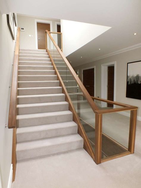 Glass And Oak Staircase Ideas, Wood Staircase With Glass Railing, Feature Stairs, Wood Stairs Glass Railing, Wooden Stairs Glass Railing, Oak Staircase With Glass Balustrade, Wooden Staircase Design, Staircase Manufacturers, Carpeted Stairs