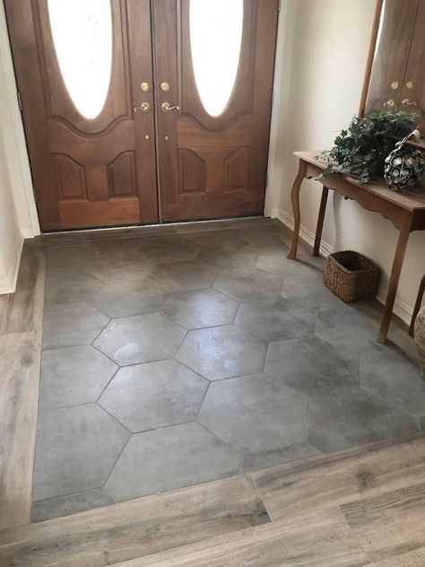 home entryway tile design Tiles Mixed With Wood Floor, Tile Entrance To Wood, Tile Kitchen To Wood Living Room, Breezeway Tile Floor, Foyer Tile Ideas Entryway Hexagon, Tiled House Flooring, Farmhouse Foyer Tile Floor, Tile With Hardwood Floors, Tile Floor Next To Wood Floor