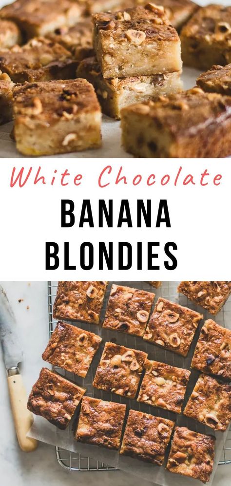 Banana Blondies Recipe, Chocolate Chip Deserts, White Chocolate Blondies Recipe, Vegetarian Inspiration, White Chocolate Banana, Banana Blondies, White Chocolate Caramel, Cottage Recipes, Easy Delicious Cakes